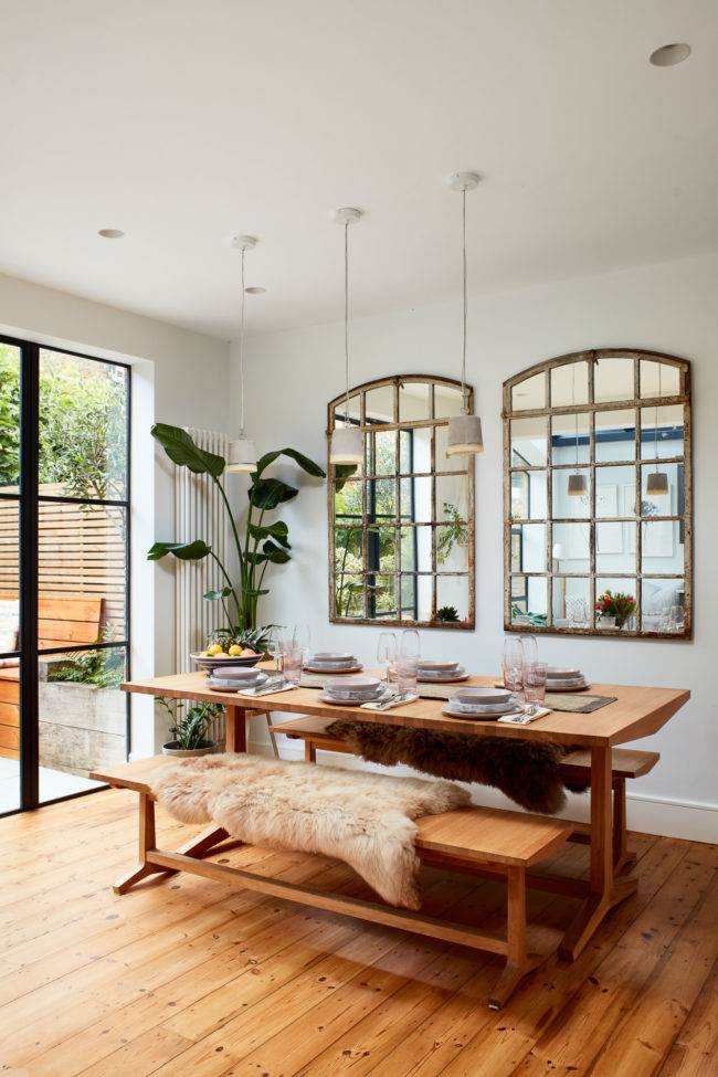 Interiors of refurbished south london appartment, dining area and crital windows